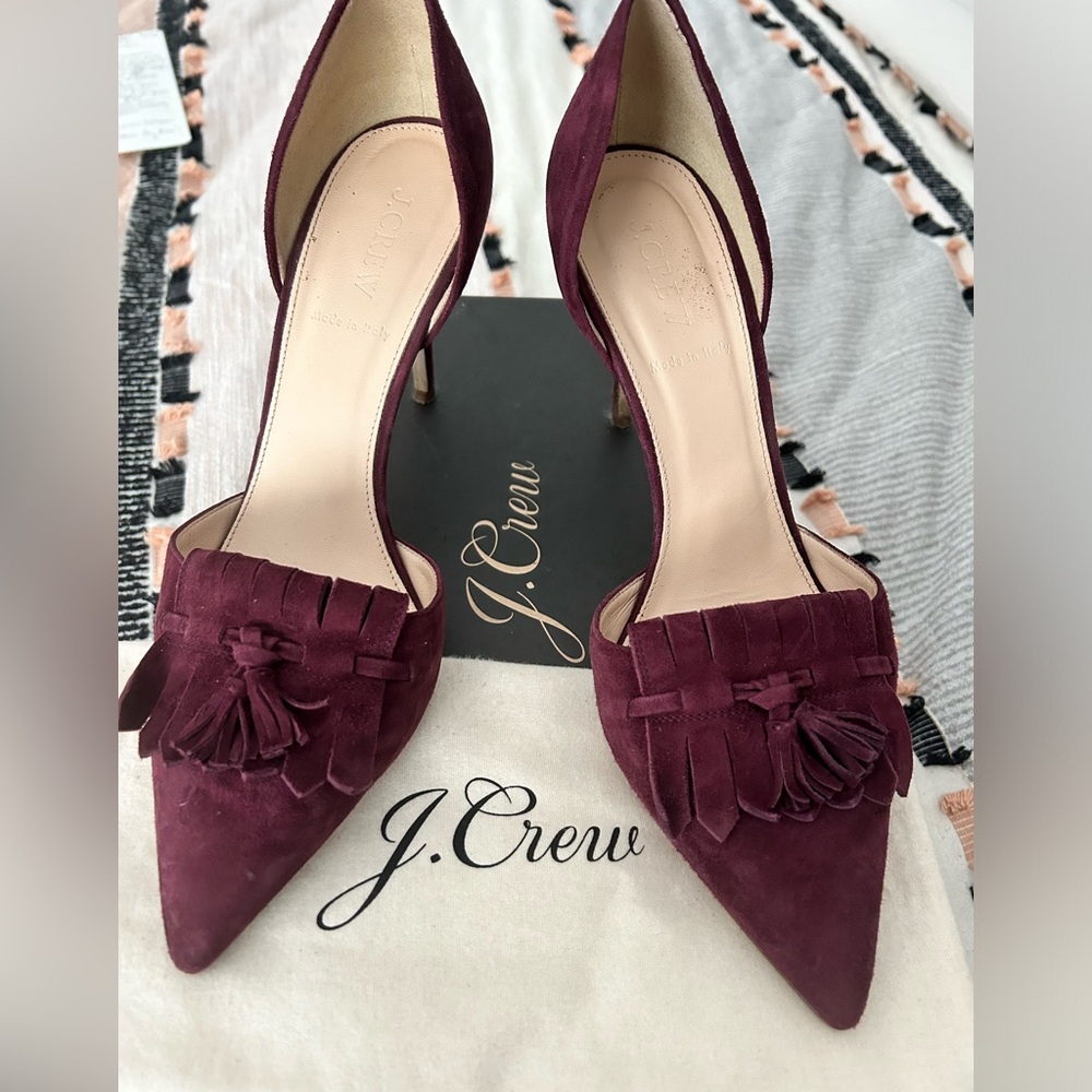 J. Crew Elsie Suede D’orsay Pumps with fringe in Vintage Cabernet